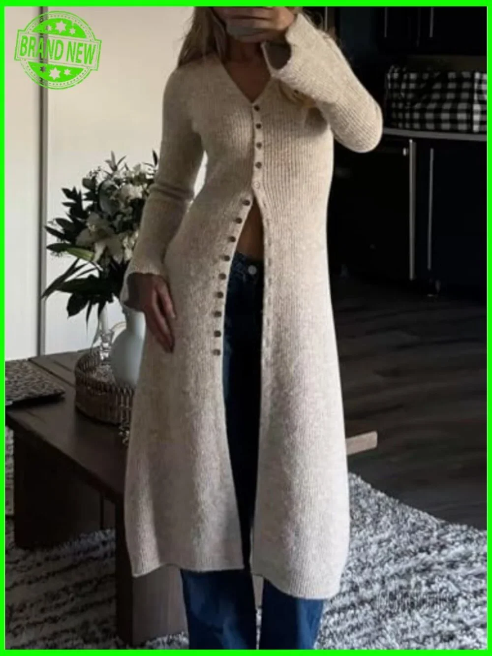 Long Bell Sleeve Cardigan Sweater Dress V-Neck Button Down Midi Duster - Picture 3 of 5